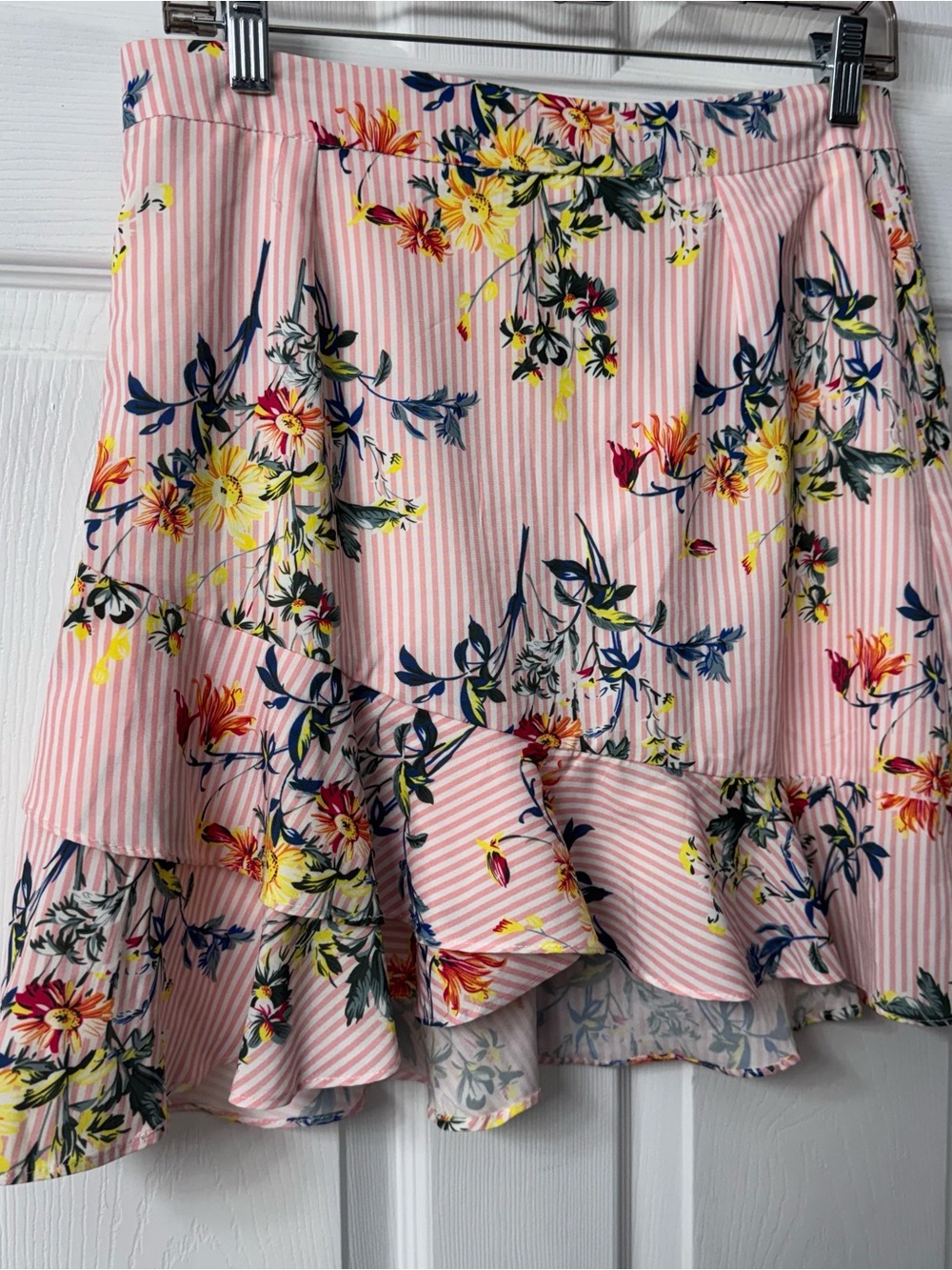 CHICWAYS Pink Floral Ruffle Hem Skirt